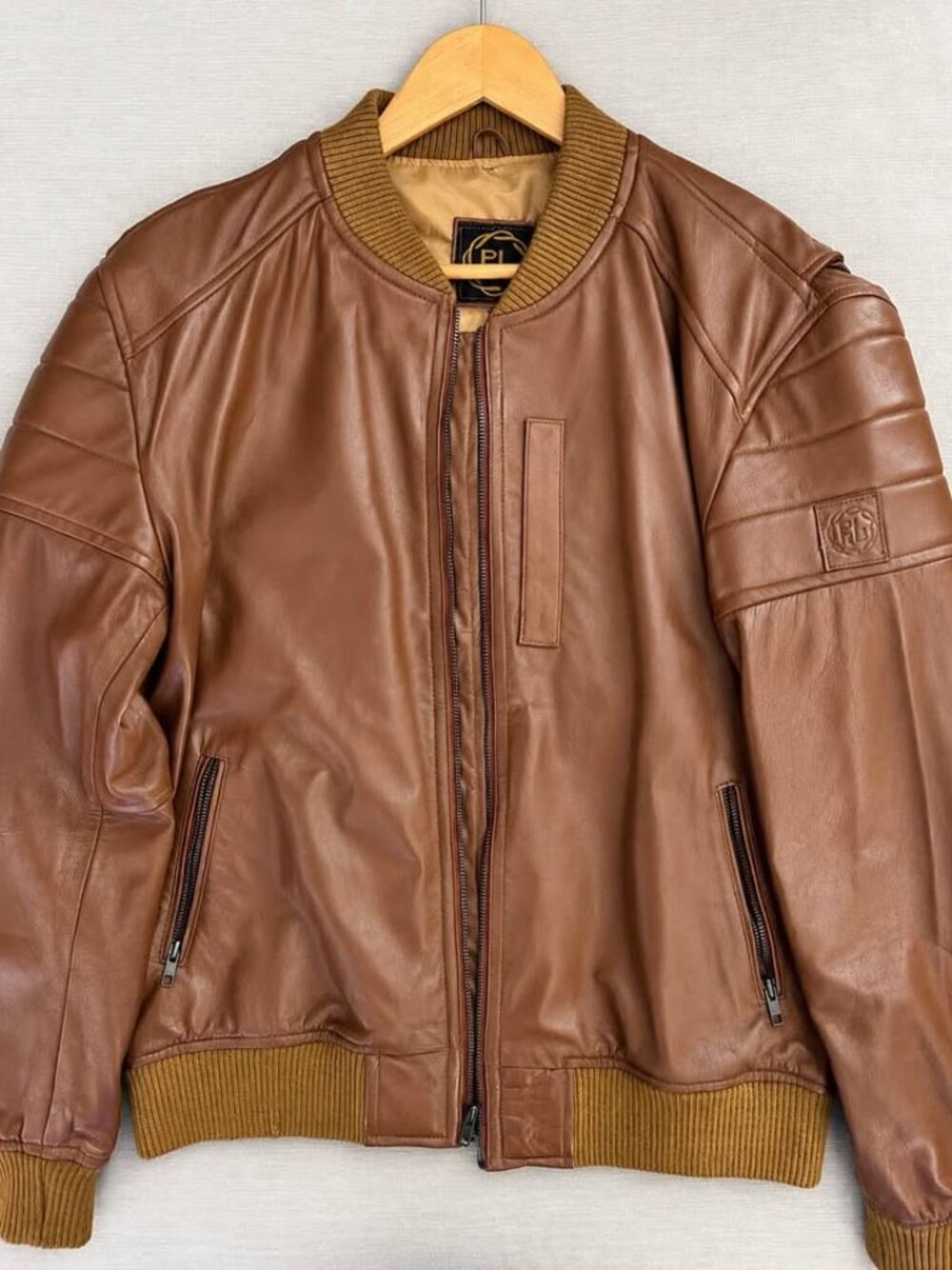 Poor Little Rich Boy (PLRB) 100% Leather Bomber Jacket – Camel Brown – Men’s L